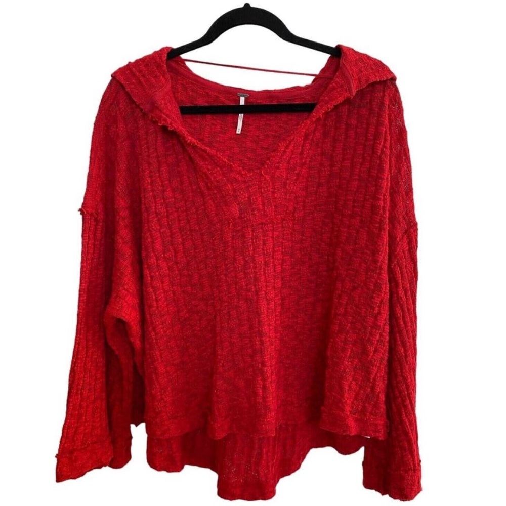 Free People Slouchy Baja Babe Hacci red textured ribbed hoodie sweater, Size XS